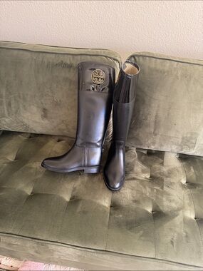 Tory Burch Black Tall Riding Boots with Gold Logo Medallion